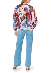 Women's Long Sleeve Split Neck Tropical Floral Peasant Top