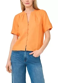 Women's Short Sleeve Split Neck Button Front Linen Camp Top