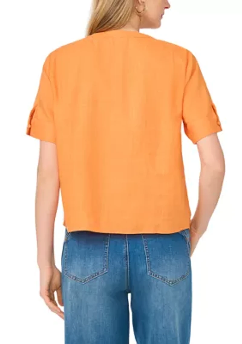 Women's Short Sleeve Split Neck Button Front Linen Camp Top