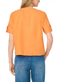 Women's Short Sleeve Split Neck Button Front Linen Camp Top