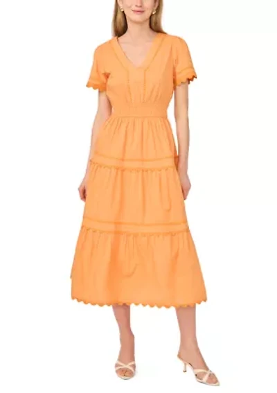 Women's Short Sleeve V-Neck Smocked Waist Cotton Dress