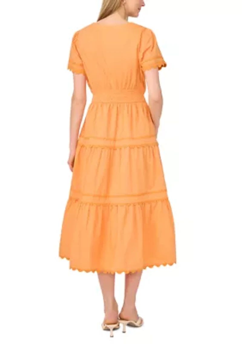 Women's Short Sleeve V-Neck Smocked Waist Cotton Dress