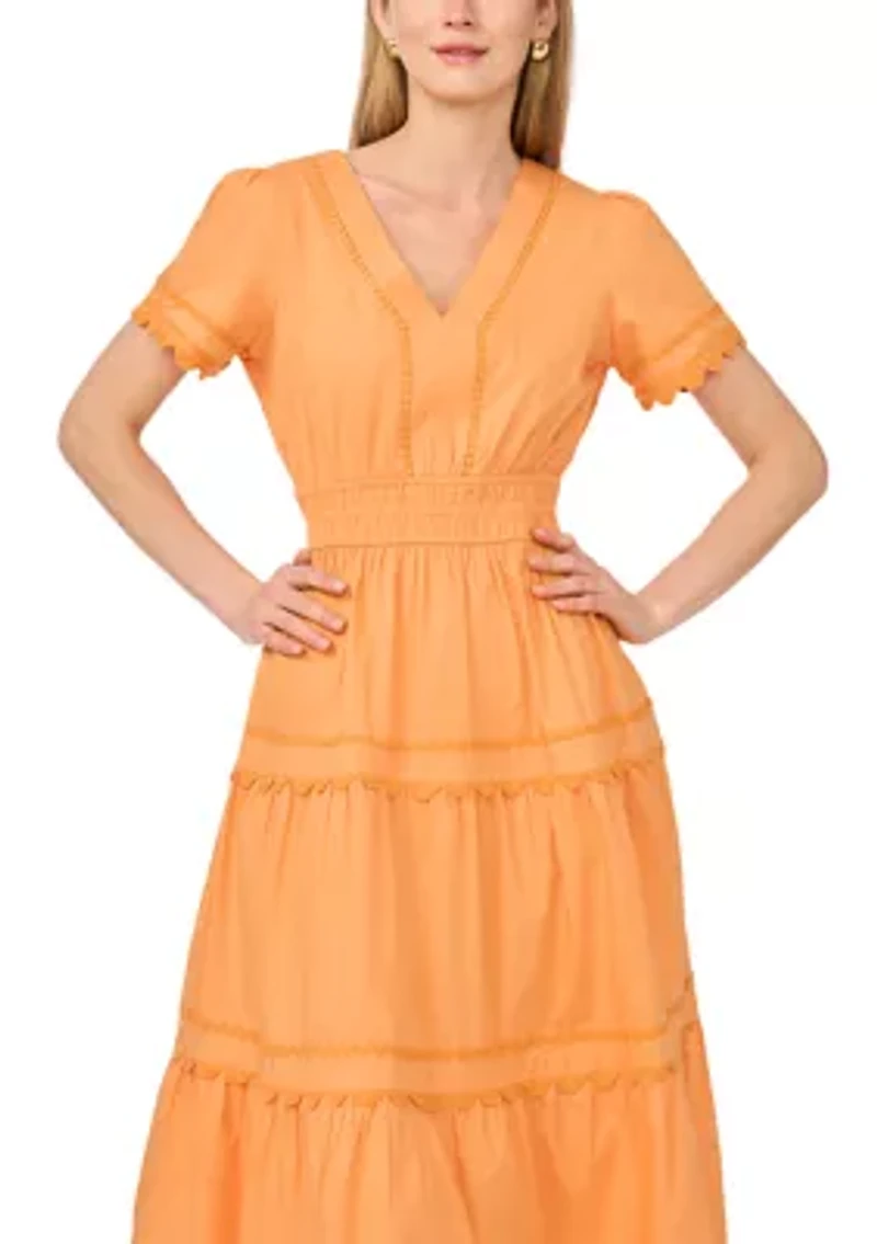 Women's Short Sleeve V-Neck Smocked Waist Cotton Dress