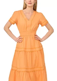 Women's Short Sleeve V-Neck Smocked Waist Cotton Dress