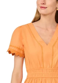 Women's Short Sleeve V-Neck Smocked Waist Cotton Dress