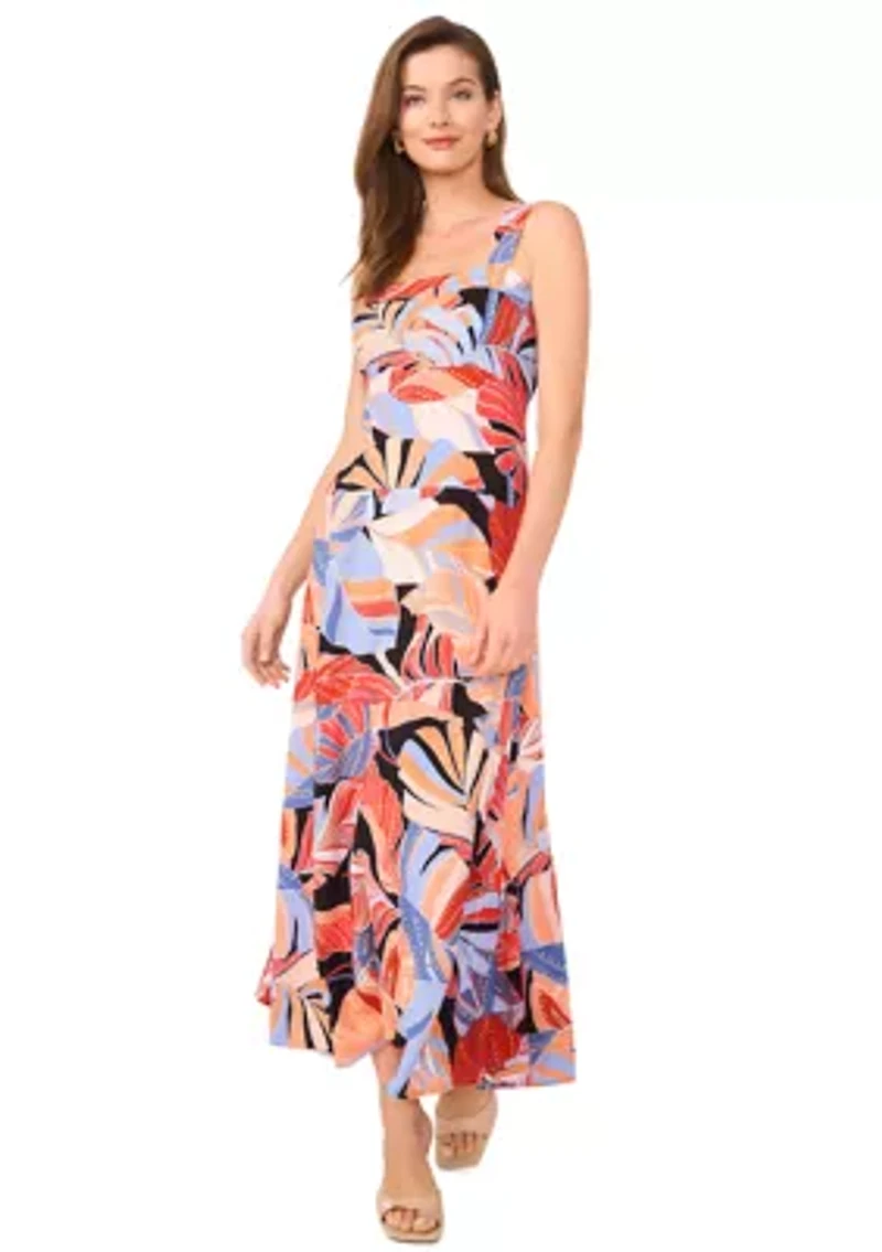 Women's Sleeveless Leaf Print Square Neck Dress