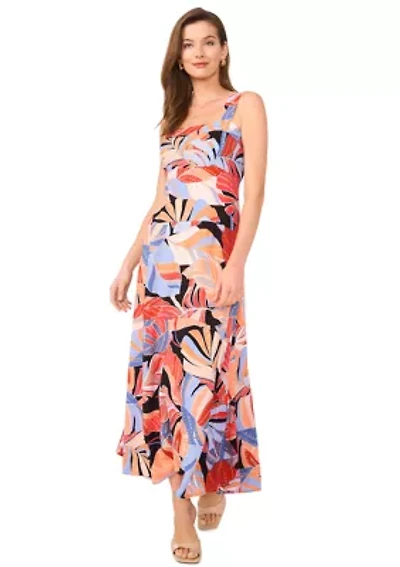 Women's Sleeveless Leaf Print Square Neck Dress