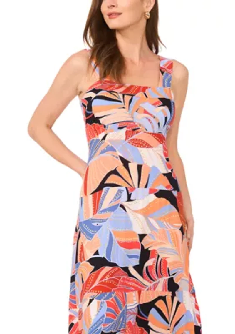 Women's Sleeveless Leaf Print Square Neck Dress