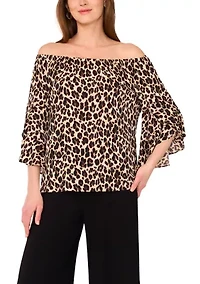 Women's Flutter Sleeve Animal Printed Off the Shoulder Top