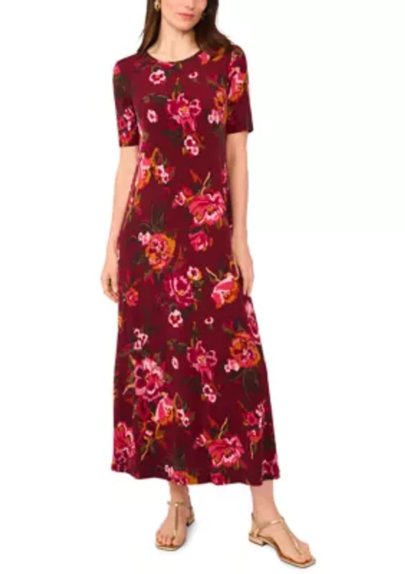 Women's Short Sleeve Crew Neck Floral Maxi Dress