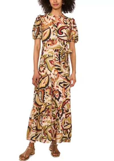 Women's Short Sleeve Paisley Midi Dress