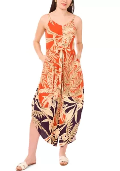 Women's Border Printed Tropical Floral Tie Front Jumpsuit