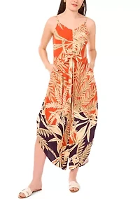 Women's Border Printed Tropical Floral Tie Front Jumpsuit