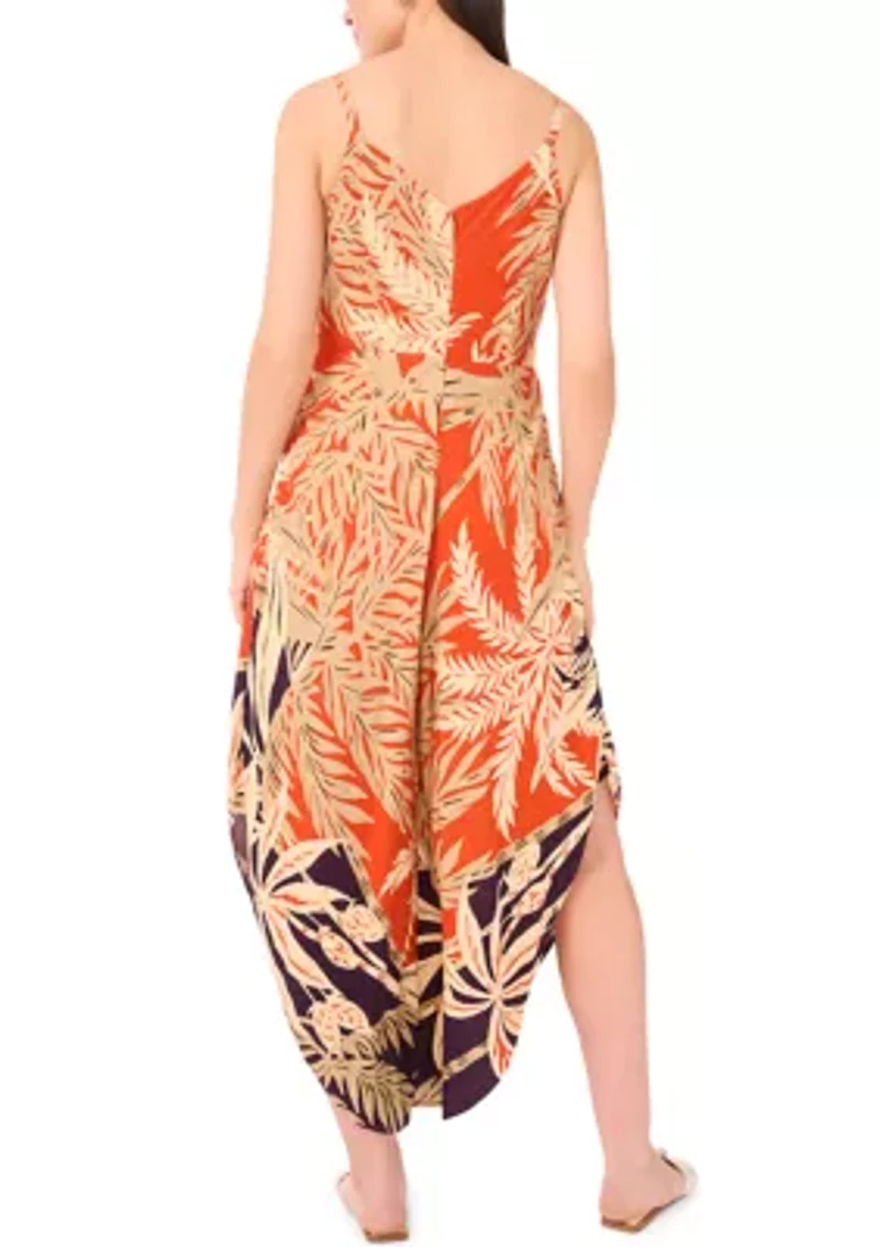 Women's Border Printed Tropical Floral Tie Front Jumpsuit