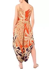 Women's Border Printed Tropical Floral Tie Front Jumpsuit