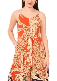 Women's Border Printed Tropical Floral Tie Front Jumpsuit