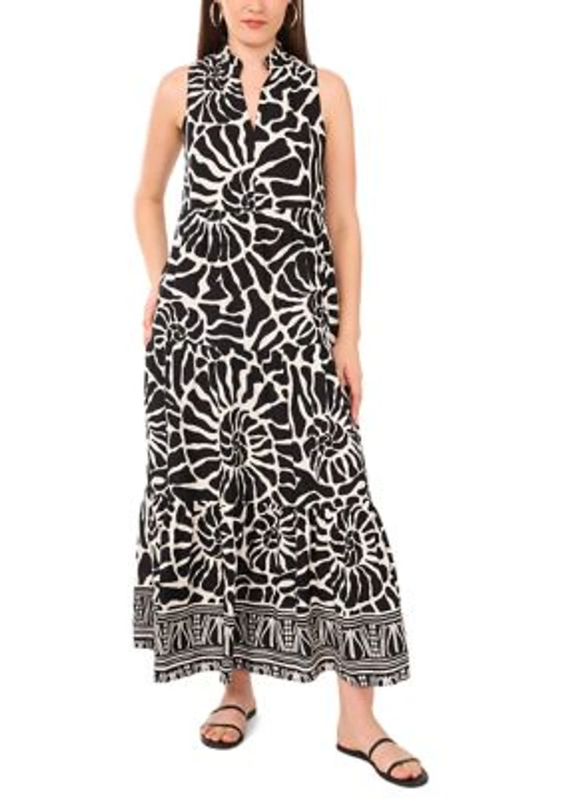 Women's Border Shell Printed Tiered Challis Maxi Dress