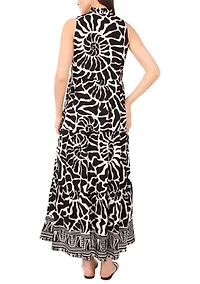 Women's Border Shell Printed Tiered Challis Maxi Dress
