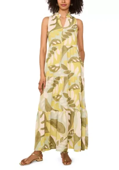 Women's Abstract Leaf Split Neck Tiered Maxi Dress