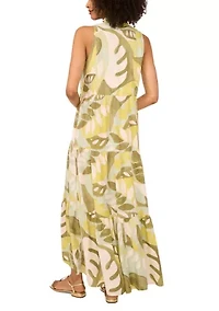 Women's Abstract Leaf Split Neck Tiered Maxi Dress