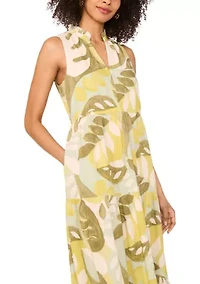 Women's Abstract Leaf Split Neck Tiered Maxi Dress