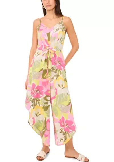 Women's Multicolor Floral Tie Front Challis Jumpsuit