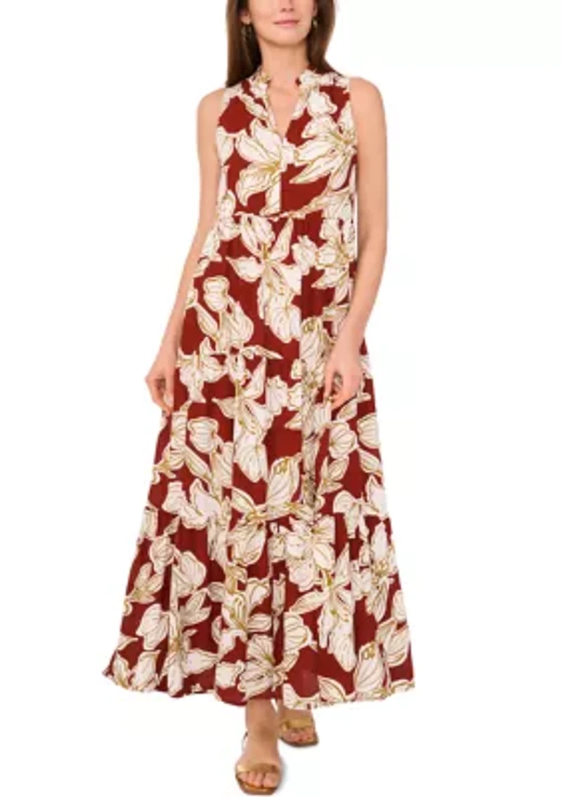 Women's Tropical Floral Split Neck Tier Challis Dress