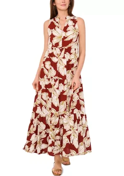 Women's Tropical Floral Split Neck Tier Challis Dress