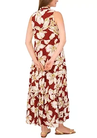 Women's Tropical Floral Split Neck Tier Challis Dress