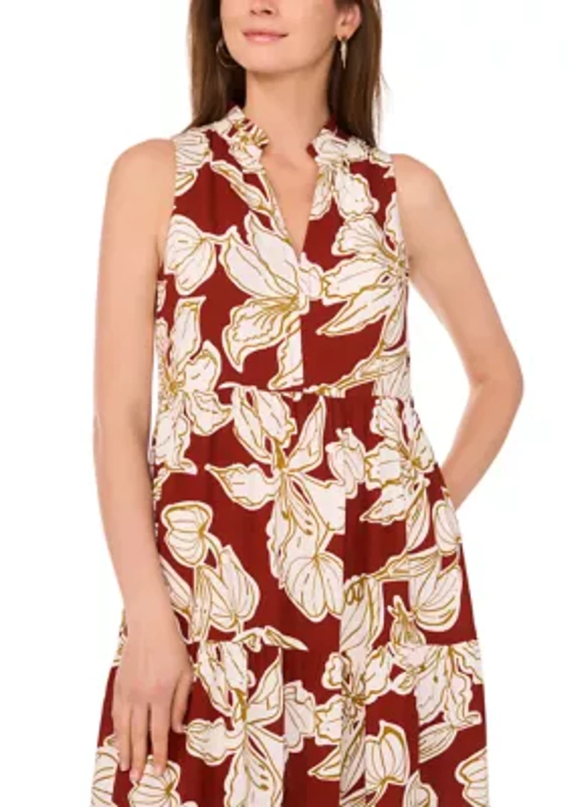 Women's Tropical Floral Split Neck Tier Challis Dress