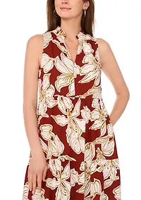 Women's Tropical Floral Split Neck Tier Challis Dress