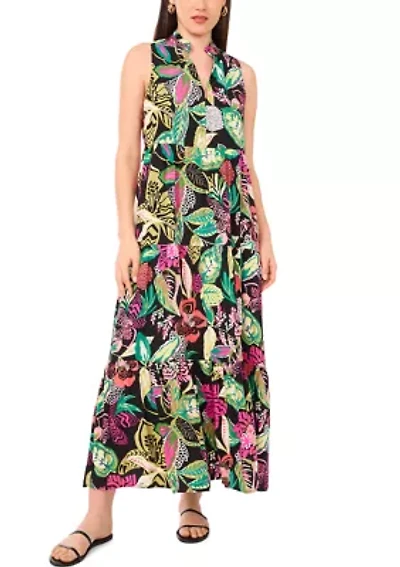Women's Multi Floral Printed Split Neck Tiered Challis Dress