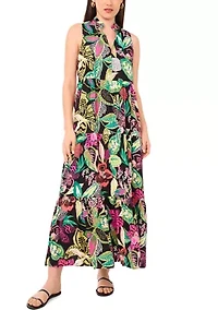 Women's Multi Floral Printed Split Neck Tiered Challis Dress