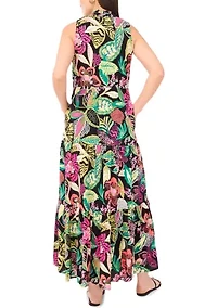Women's Multi Floral Printed Split Neck Tiered Challis Dress