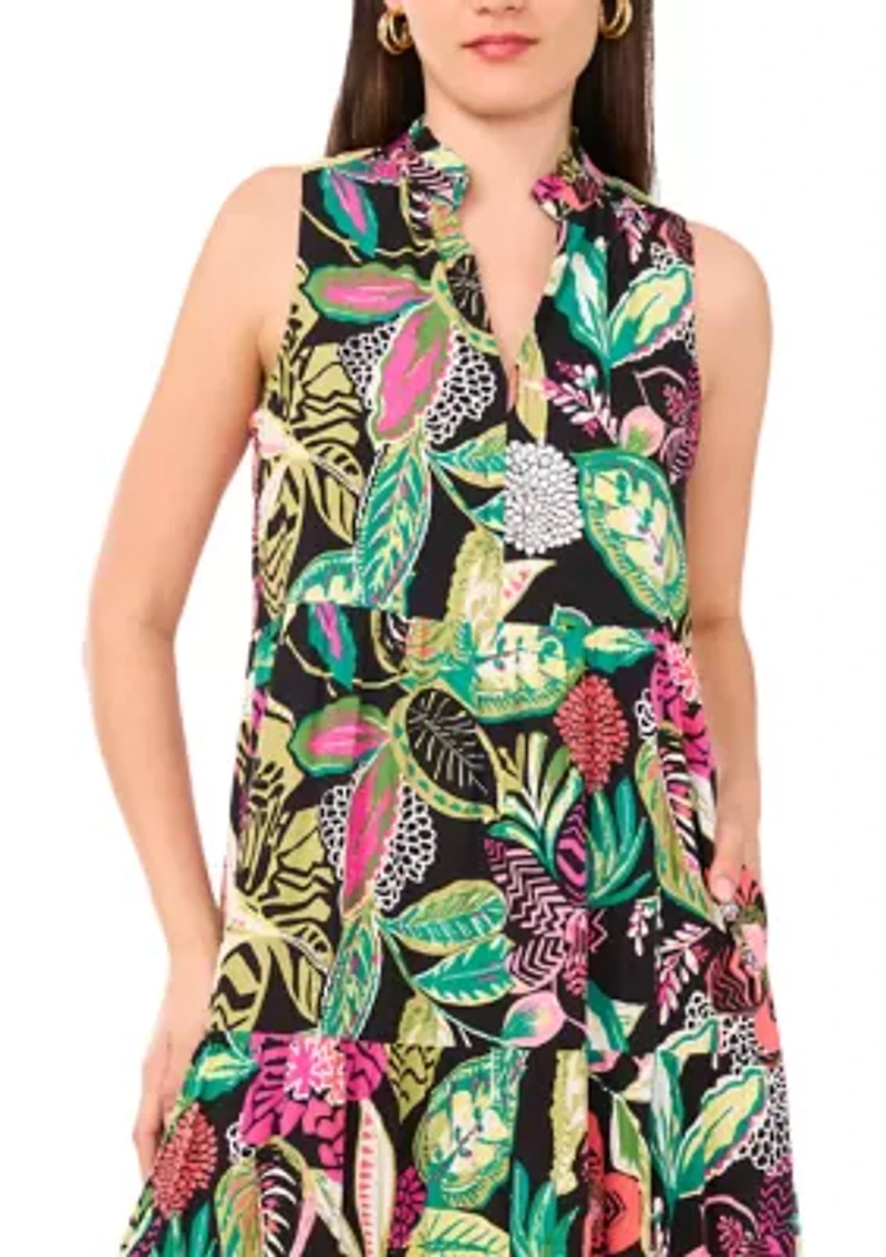 Women's Multi Floral Printed Split Neck Tiered Challis Dress