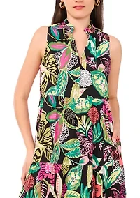 Women's Multi Floral Printed Split Neck Tiered Challis Dress