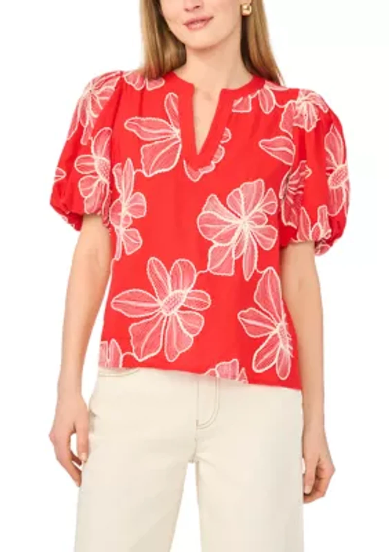 Women's Puff Sleeve Embroidered Floral Split Neck Blouse