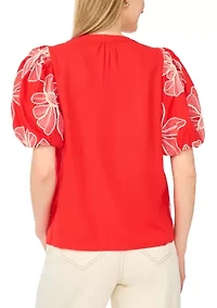 Women's Puff Sleeve Embroidered Floral Split Neck Blouse