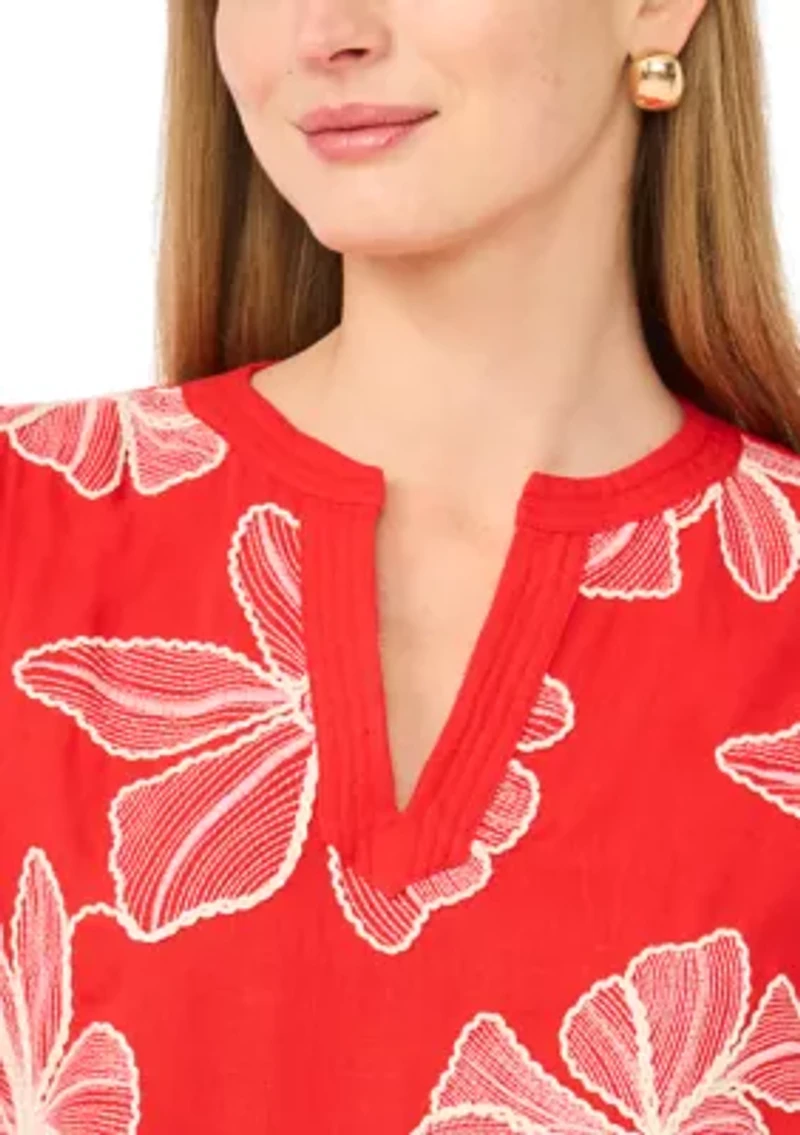 Women's Puff Sleeve Embroidered Floral Split Neck Blouse
