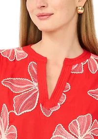 Women's Puff Sleeve Embroidered Floral Split Neck Blouse