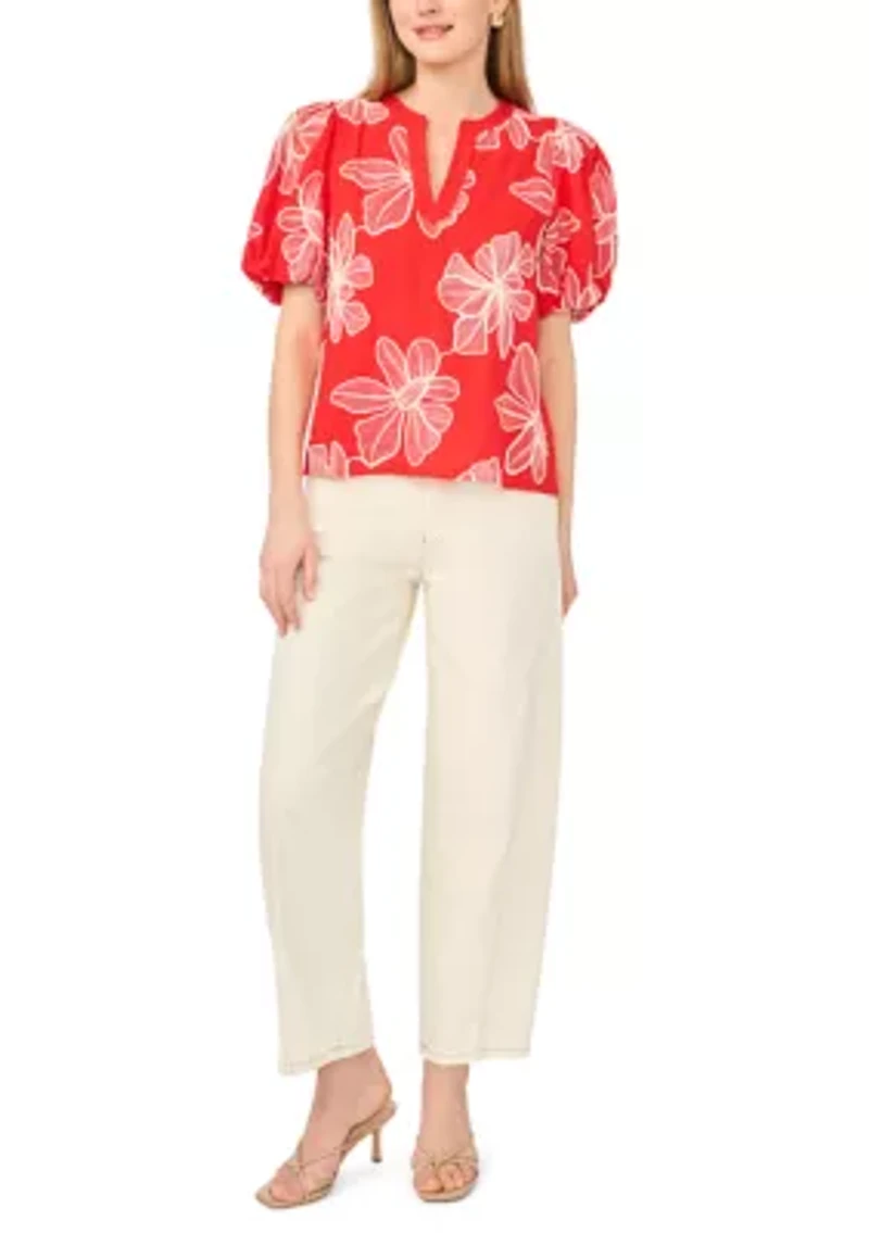 Women's Puff Sleeve Embroidered Floral Split Neck Blouse