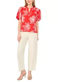 Women's Puff Sleeve Embroidered Floral Split Neck Blouse