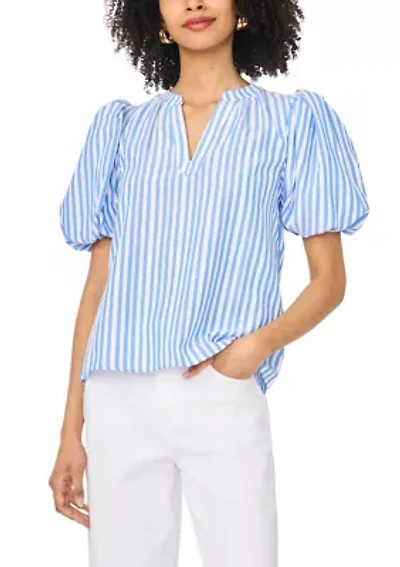 Women's Puff Sleeve Striped Split Neck Blouse