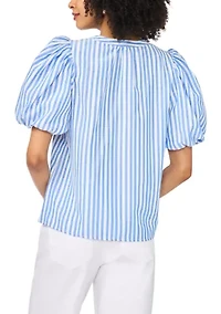 Women's Puff Sleeve Striped Split Neck Blouse