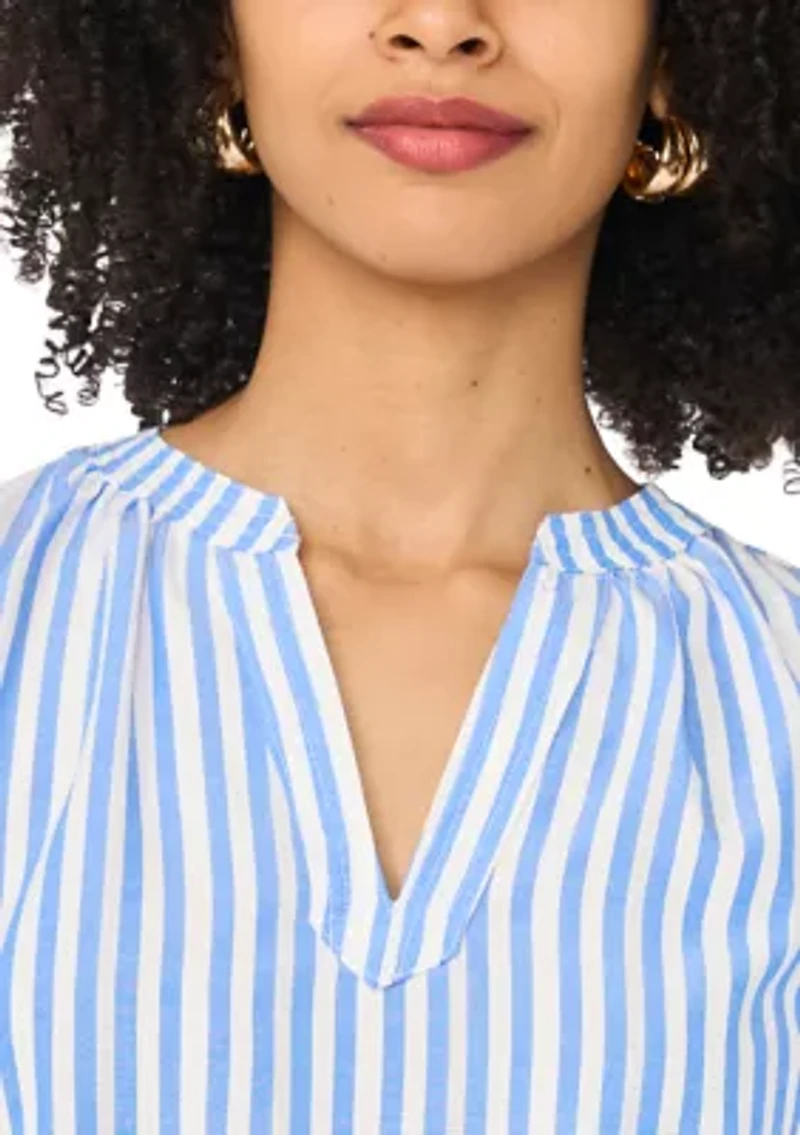 Women's Puff Sleeve Striped Split Neck Blouse