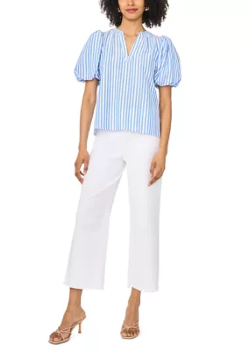 Women's Puff Sleeve Striped Split Neck Blouse