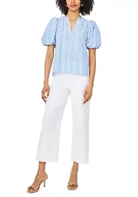 Women's Puff Sleeve Striped Split Neck Blouse