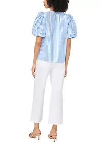 Women's Puff Sleeve Striped Split Neck Blouse