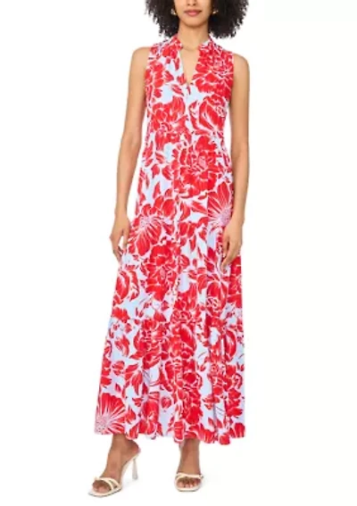 Women's Tiered Split Neck Floral Dress