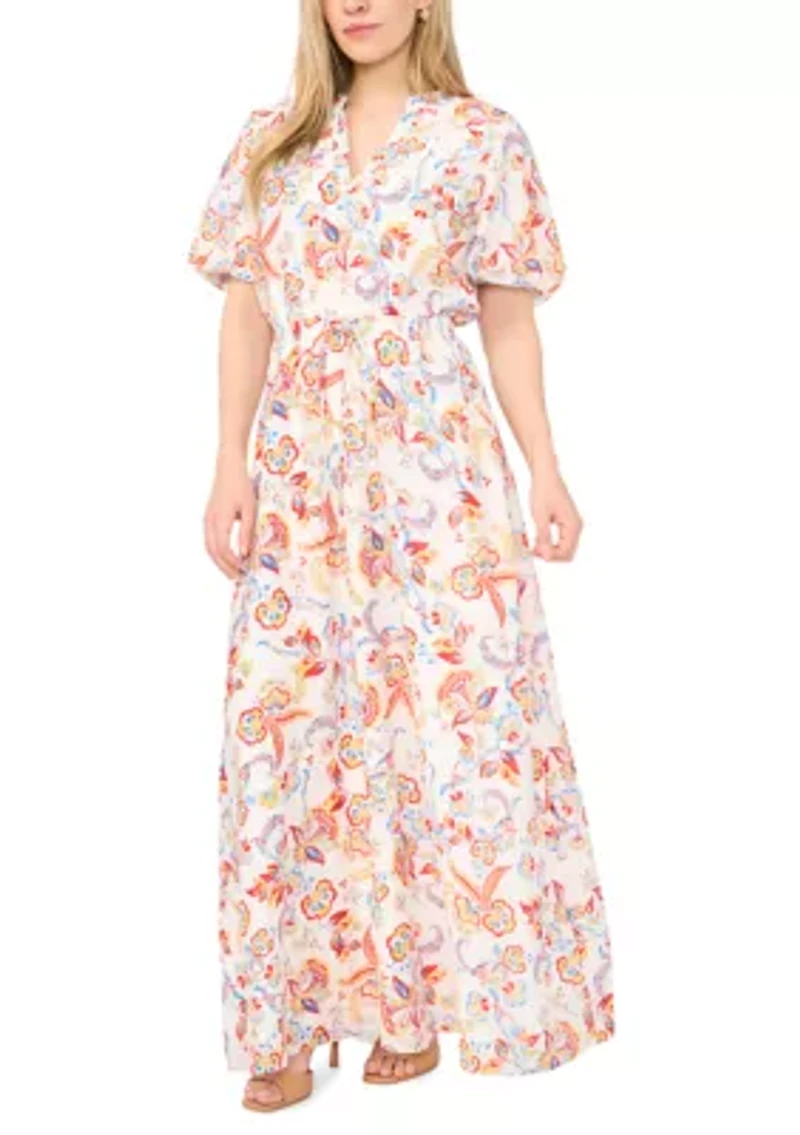Women's Puff Sleeve Split Neck Floral Midi Dress